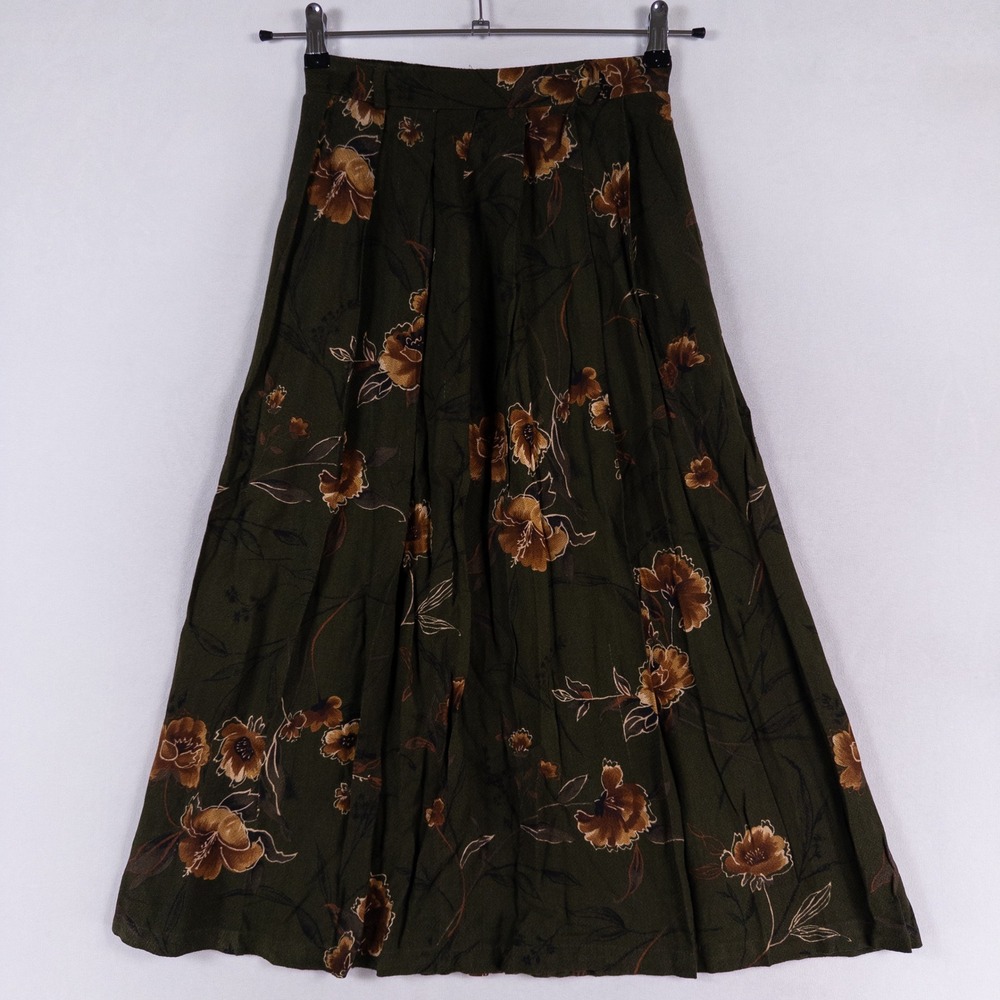 Vtg Radcliffe Maxi Skirt Womens Small PETITE Olive Green Floral Classic Earthy